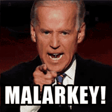 a man in a suit and tie is pointing at the camera with the words " malarkey " written below him