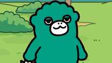 a cartoon drawing of a green bear with a white face
