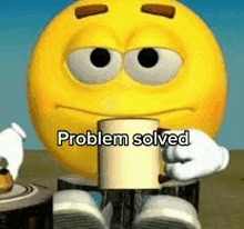 a cartoon smiley face is holding a cup of coffee while sitting on a tree stump .