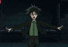 a man in a suit is standing in front of a monster with a large mouth