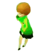 a girl in a green jacket and black skirt is dancing on a white background