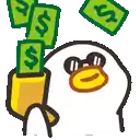 a duck wearing sunglasses is holding a wallet full of money .