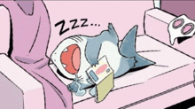 a cartoon of a shark laying on a couch with a book .