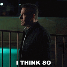 a man standing next to a fence with the words " i think so " written on the bottom