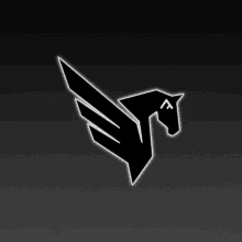 a black and white drawing of a horse with wings on a dark background