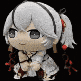 a stuffed toy of a girl with white hair and a ponytail is sitting on a black surface .