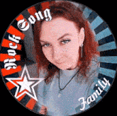 a woman in a circle with the words rock song family written on it