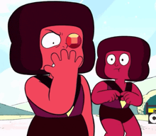 a cartoon character covering her mouth with her hand while another character looks on