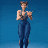 a woman in a blue jumpsuit with the letter s on the front