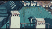 a painting of a rooftop with a chimney that says ' a.c. ' on it
