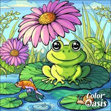 a frog sits on a lily pad next to a snail and flowers