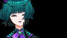 a girl with blue hair and purple teeth is wearing a purple bow tie