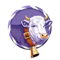 a cow with a bell around its neck in a purple circle