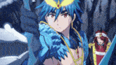 a man with blue hair and a crown is holding a sword in his hand .