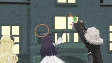 a group of anime characters are standing in front of a building and one of them has a ring around her head