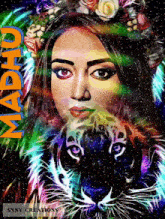 a painting of a woman and a tiger with the name madhu on it