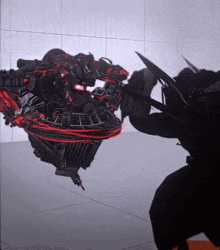 a robot with red lights on it is being attacked by a man with a sword