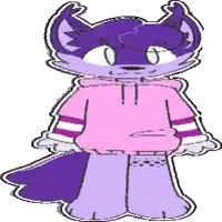 a purple cat is wearing a pink hoodie and standing on a white background .