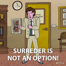 a cartoon of a man in a suit with the words surrender is not an option below him