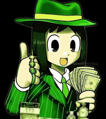 a cartoon of a man in a green suit holding money and giving a thumbs up sign