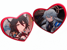a couple of heart shaped mirrors with images of anime characters on them