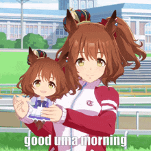 a picture of a girl holding a stuffed animal with the words good uma morning below it