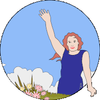 a woman in a blue dress is waving her hand in front of flowers