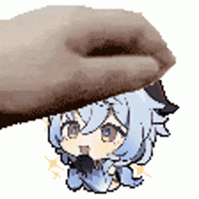 a hand is holding a cartoon character over a cartoon girl .