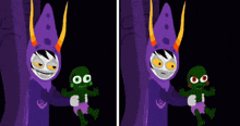 a cartoon of a purple monster holding a green baby