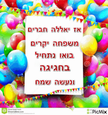a birthday card in hebrew with balloons and flags in the background