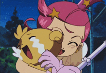 a girl with pink hair and a star on her head is hugging a small animal