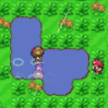 a pixel art of a person standing next to a small pond surrounded by grass .