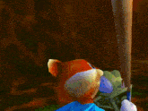 a video game scene with a tree stump and flowers
