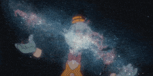 a cartoon character in a bow tie and gloves is surrounded by a galaxy