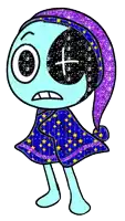 a cartoon character is wearing a purple hat and a blue dress with stars on it