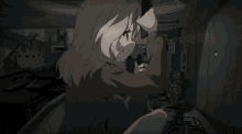 a cartoon of a girl in a dark room with a sign on the wall that says ' a '