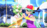 a video game shows two girls holding hands in front of a cafe