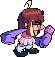 a cartoon girl is holding a microphone and wearing a pink skirt .