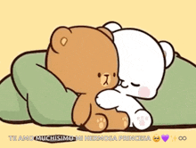 a brown and white teddy bear are hugging each other .