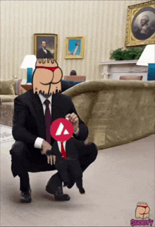 a man in a suit and tie is squatting down with a smaller man in a suit and tie