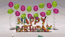 the word happy birthday is surrounded by balloons and ribbons