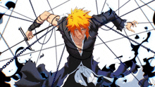 a man with orange hair is surrounded by chains and holding a sword