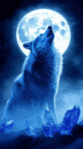 a wolf howling at the moon with blue crystals in the background