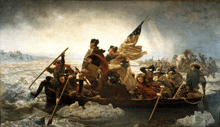 a painting of soldiers in a boat with an american flag