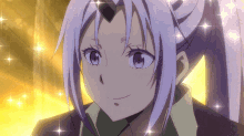 a close up of a purple haired anime character