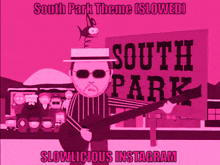 a cartoon character holding a guitar in front of a south park sign