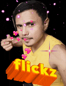 a man is surrounded by hearts and the word flickz is above him