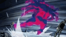 a man is standing in front of a purple monster in a video game .