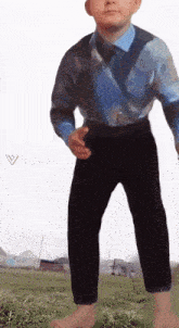a boy in a blue shirt and black pants is standing in a grassy field