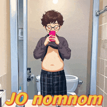 a cartoon of a boy taking a picture of himself in a bathroom with the words jo nomnom below him